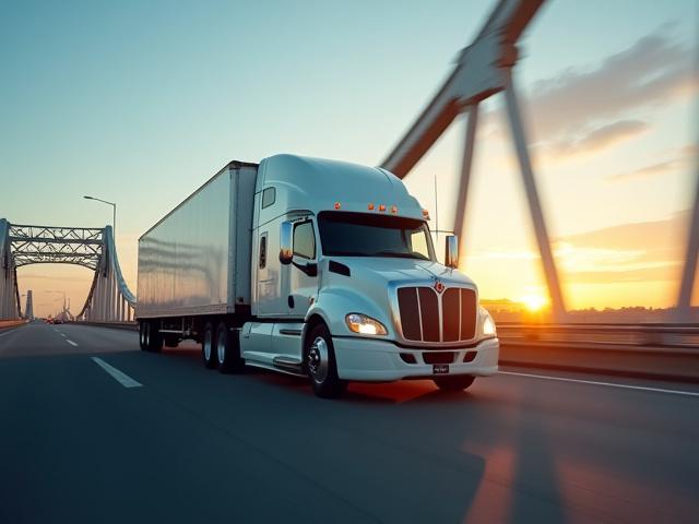 Semi-truck crossing the Ambassador Bridge in Detroit