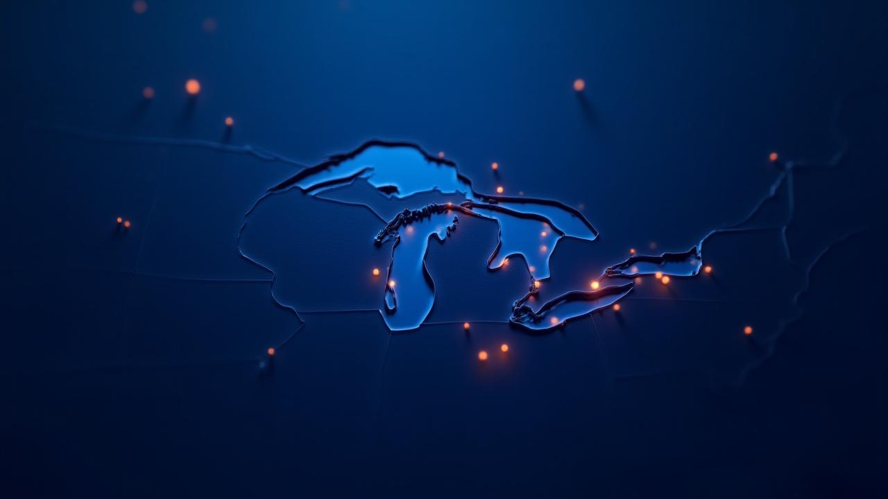 Map of the Great Lakes manufacturing corridor highlighting Michigan, Ohio, and Indiana