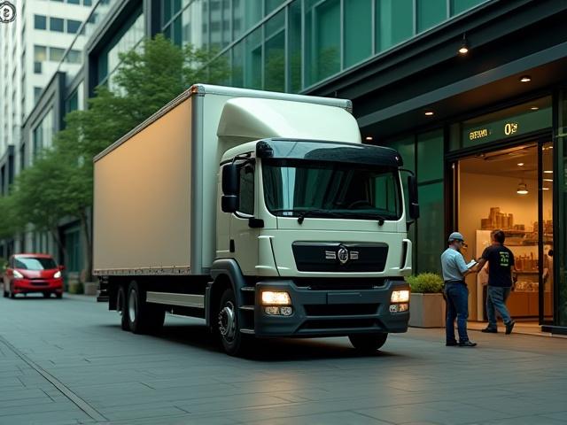 Smaller delivery vehicle loading at a modern urban micro-fulfillment center